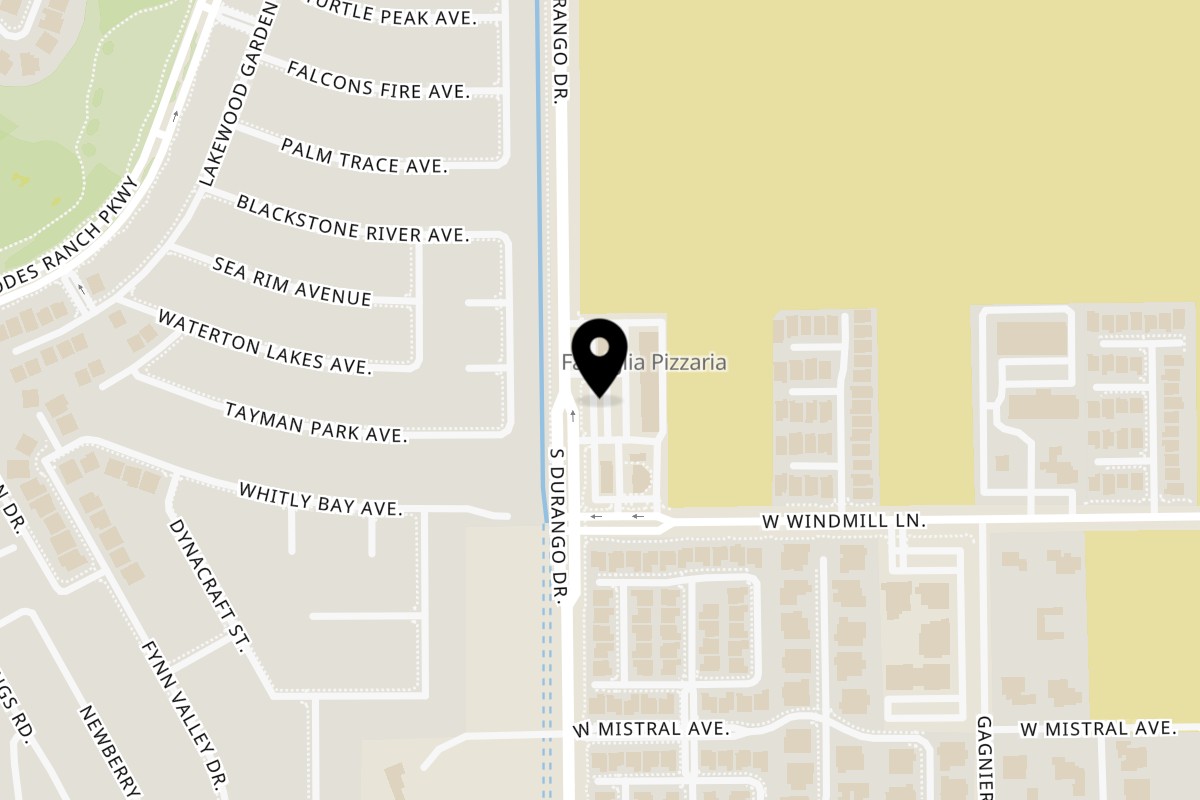 Map showing the location of Familia Pizzeria on 8090 S Durango Dr in Las Vegas